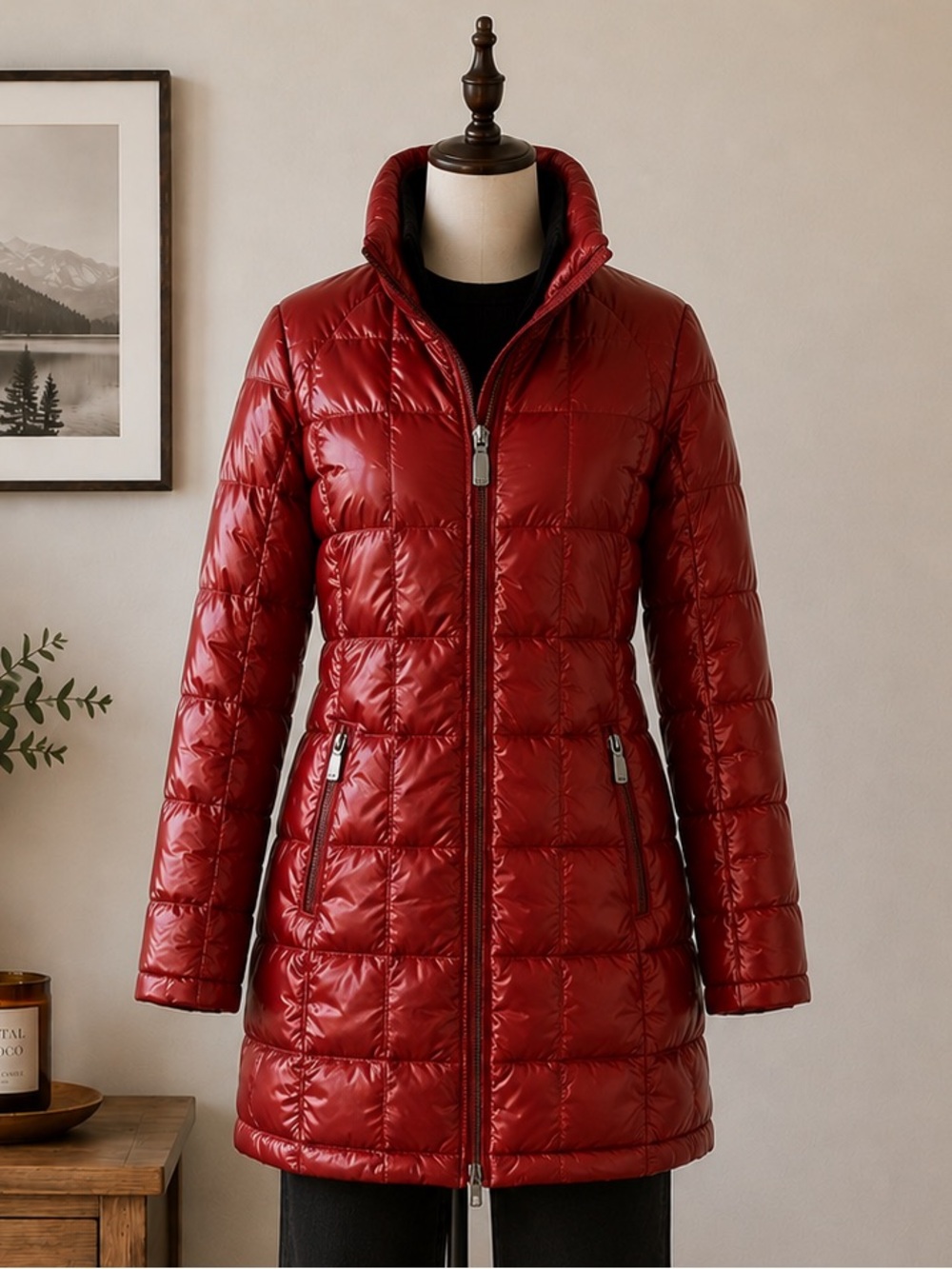 Calvin Klein Red Down Puffer Coat XS Packable Long Hooded Winter Jacket
